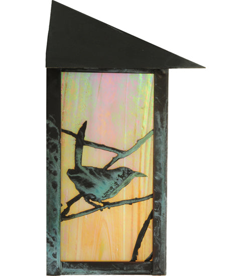 Meyda Lighting Seneca 7" Craftsman Verdi On Brass Song Bird Wall Sconce With Beige Iridescent Art Shade Glass