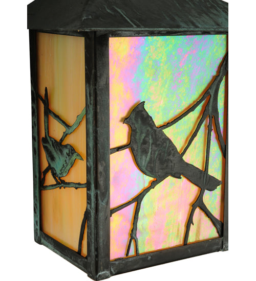 Meyda Lighting Seneca 7" Craftsman Verdi On Brass Song Bird Wall Sconce With Beige Iridescent Art Shade Glass