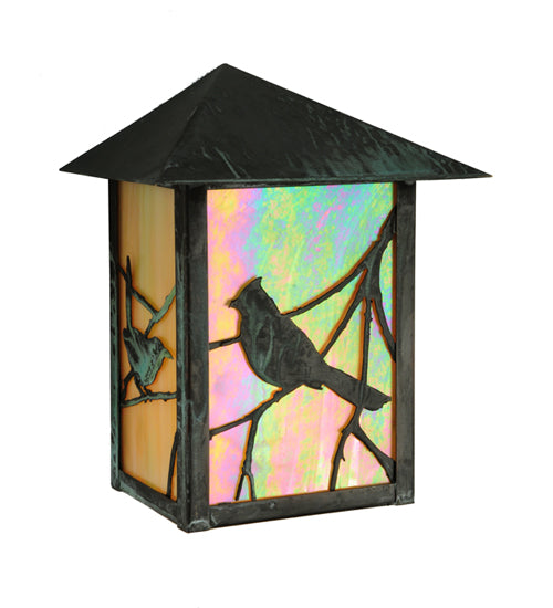 Meyda Lighting Seneca 7" Craftsman Verdi On Brass Song Bird Wall Sconce With Beige Iridescent Art Shade Glass