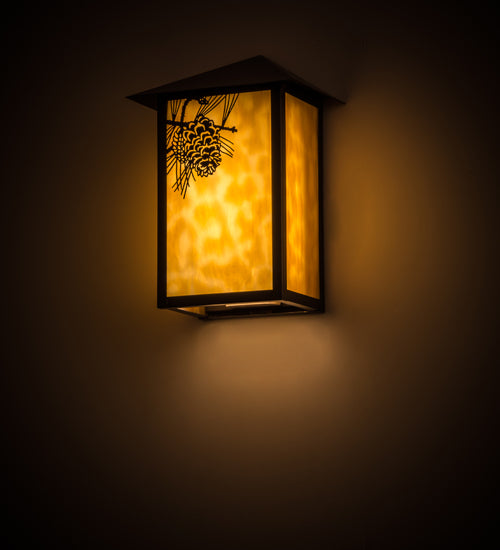 Meyda Lighting Seneca 7" LED Craftsman Brown Winter Pine Wall Sconce With Beige Art Shade Glass