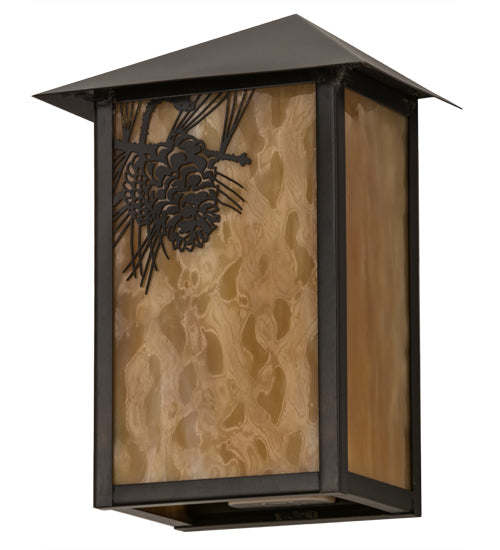 Meyda Lighting Seneca 7" LED Craftsman Brown Winter Pine Wall Sconce With Beige Art Shade Glass