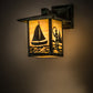 Meyda Lighting Seneca 7" Verdigris Sailboat & Fly Fisherman Solid Mount Wall Sconce With Beige Iridescent Shade Glass
