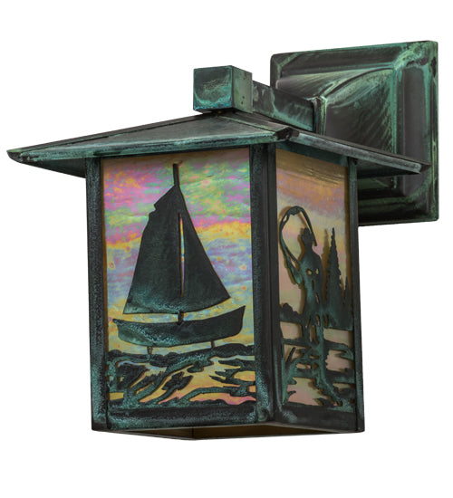 Meyda Lighting Seneca 7" Verdigris Sailboat & Fly Fisherman Solid Mount Wall Sconce With Beige Iridescent Shade Glass