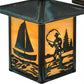 Meyda Lighting Seneca 7" Verdigris Sailboat & Fly Fisherman Solid Mount Wall Sconce With Beige Iridescent Shade Glass