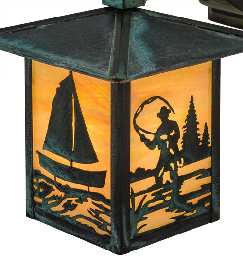 Meyda Lighting Seneca 7" Verdigris Sailboat & Fly Fisherman Solid Mount Wall Sconce With Beige Iridescent Shade Glass