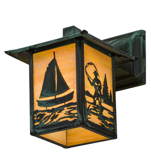 Meyda Lighting Seneca 7" Verdigris Sailboat & Fly Fisherman Solid Mount Wall Sconce With Beige Iridescent Shade Glass