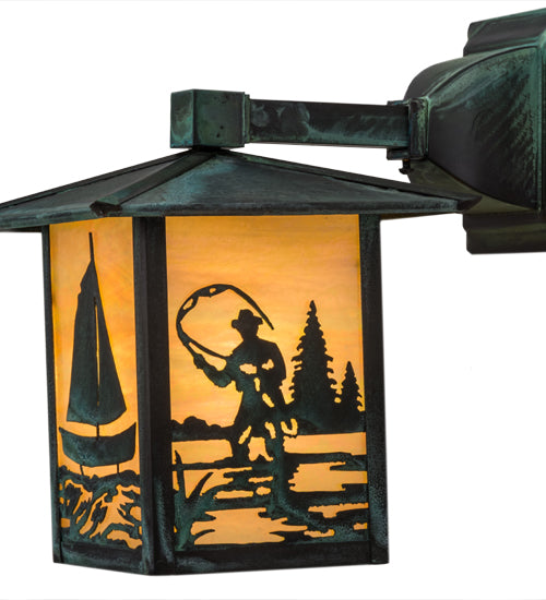 Meyda Lighting Seneca 7" Verdigris Sailboat & Fly Fisherman Solid Mount Wall Sconce With Beige Iridescent Shade Glass