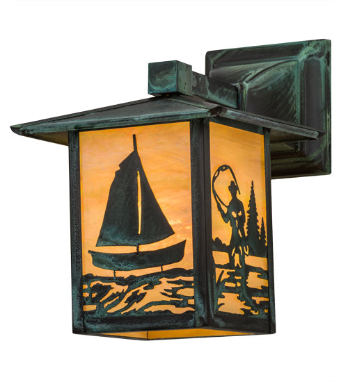 Meyda Lighting Seneca 7" Verdigris Sailboat & Fly Fisherman Solid Mount Wall Sconce With Beige Iridescent Shade Glass