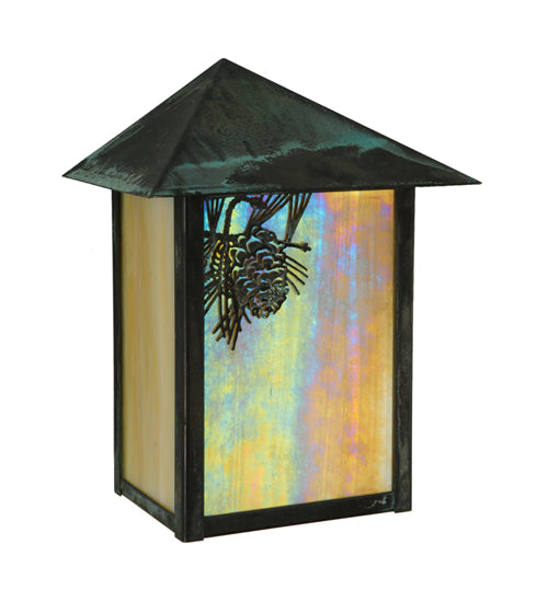 Meyda Lighting Seneca 7" Verdigris Winter Pine Wall Sconce With Beige Iridescent Art Shade Glass