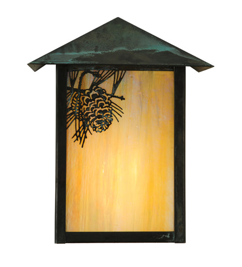 Meyda Lighting Seneca 7" Verdigris Winter Pine Wall Sconce With Beige Iridescent Art Shade Glass