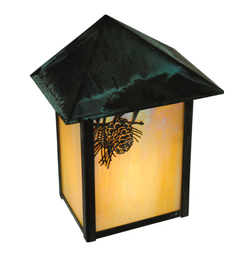 Meyda Lighting Seneca 7" Verdigris Winter Pine Wall Sconce With Beige Iridescent Art Shade Glass