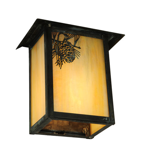 Meyda Lighting Seneca 7" Verdigris Winter Pine Wall Sconce With Beige Iridescent Art Shade Glass