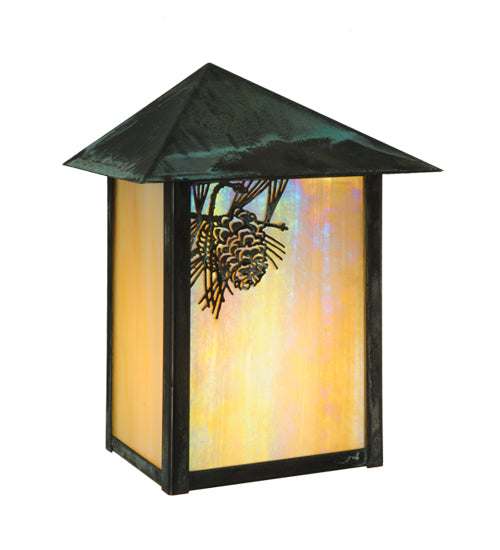 Meyda Lighting Seneca 7" Verdigris Winter Pine Wall Sconce With Beige Iridescent Art Shade Glass