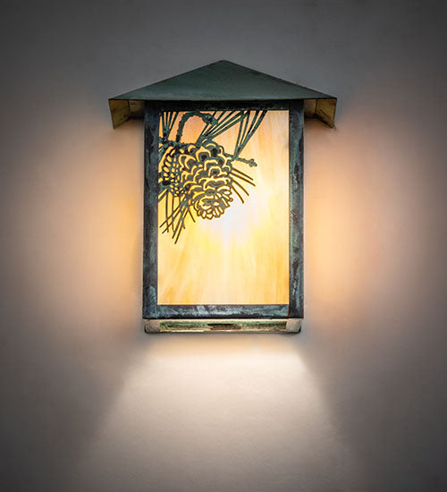 Meyda Lighting Seneca 7" Verdigris Winter Pine Wall Sconce With Beige Iridescent Shade Glass