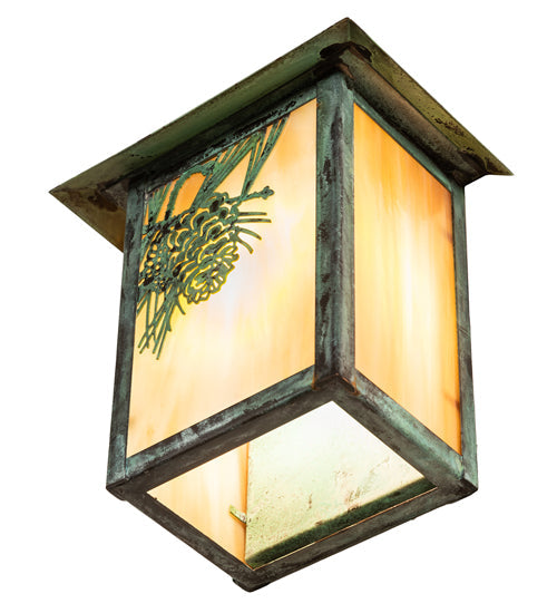 Meyda Lighting Seneca 7" Verdigris Winter Pine Wall Sconce With Beige Iridescent Shade Glass