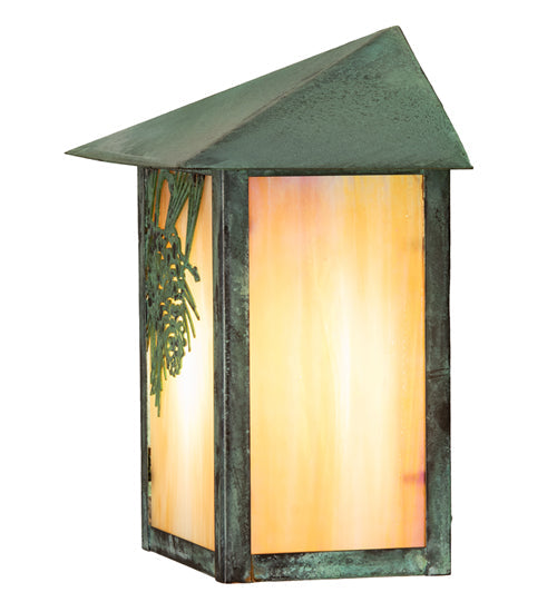 Meyda Lighting Seneca 7" Verdigris Winter Pine Wall Sconce With Beige Iridescent Shade Glass