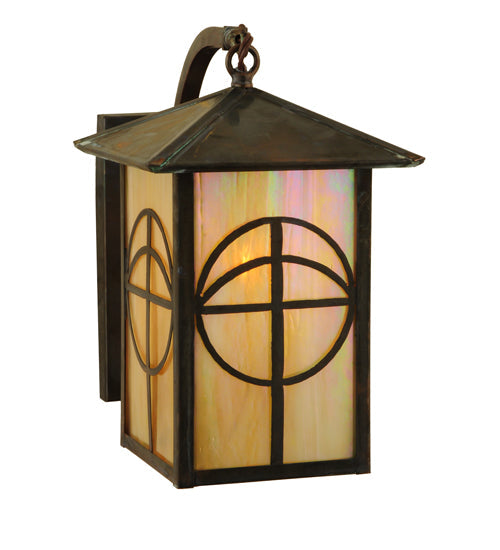 Meyda Lighting Seneca 7" Vintage Brass Circle Cross Curved Arm Wall Sconce With Beige Iridescent Shade Glass