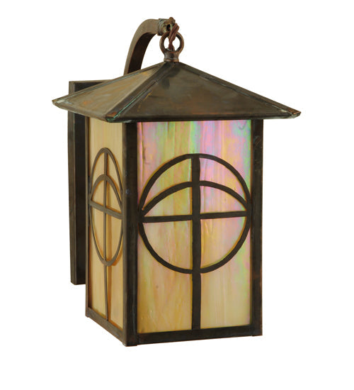 Meyda Lighting Seneca 7" Vintage Brass Circle Cross Curved Arm Wall Sconce With Beige Iridescent Shade Glass