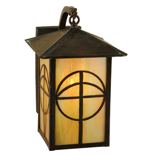 Meyda Lighting Seneca 7" Vintage Brass Circle Cross Curved Arm Wall Sconce With Beige Iridescent Shade Glass