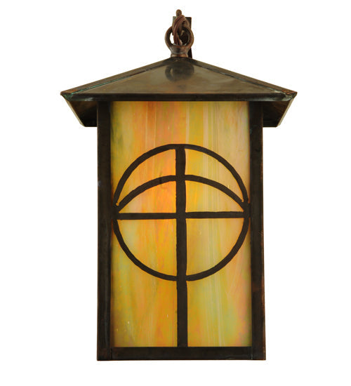 Meyda Lighting Seneca 7" Vintage Brass Circle Cross Curved Arm Wall Sconce With Beige Iridescent Shade Glass