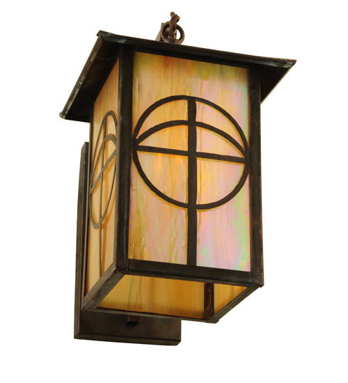 Meyda Lighting Seneca 7" Vintage Brass Circle Cross Curved Arm Wall Sconce With Beige Iridescent Shade Glass