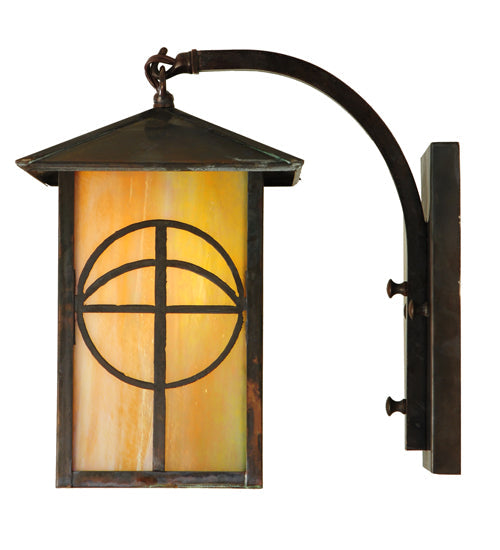 Meyda Lighting Seneca 7" Vintage Brass Circle Cross Curved Arm Wall Sconce With Beige Iridescent Shade Glass