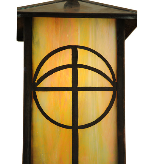Meyda Lighting Seneca 7" Vintage Brass Circle Cross Curved Arm Wall Sconce With Beige Iridescent Shade Glass