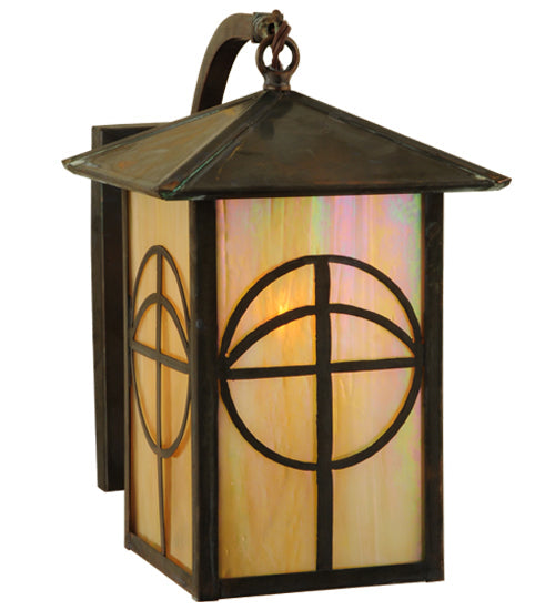 Meyda Lighting Seneca 7" Vintage Brass Circle Cross Curved Arm Wall Sconce With Beige Iridescent Shade Glass