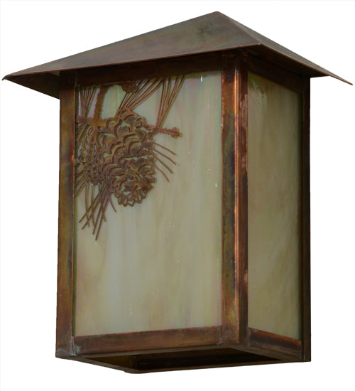 Meyda Lighting Seneca 7" Vintage Copper Winter Pine Wall Sconce With Beige Iridescent Art Shade Glass