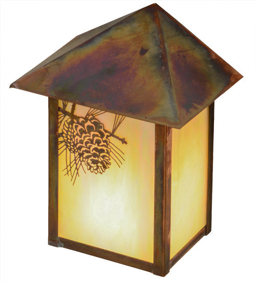 Meyda Lighting Seneca 7" Vintage Copper Winter Pine Wall Sconce With Beige Iridescent Art Shade Glass