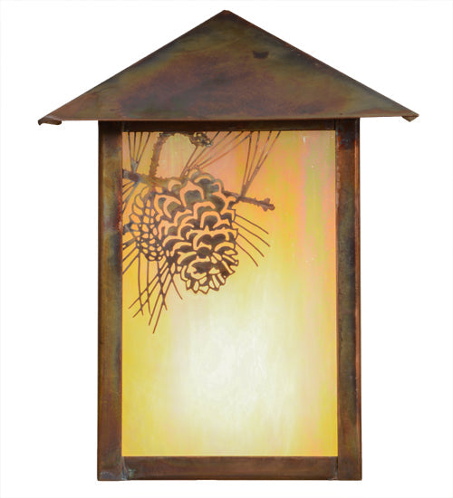 Meyda Lighting Seneca 7" Vintage Copper Winter Pine Wall Sconce With Beige Iridescent Art Shade Glass