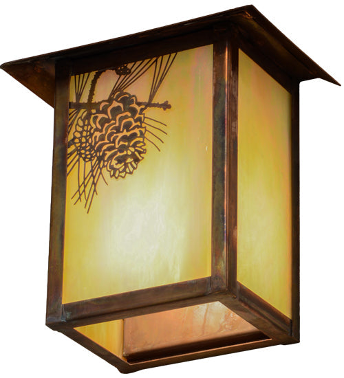 Meyda Lighting Seneca 7" Vintage Copper Winter Pine Wall Sconce With Beige Iridescent Art Shade Glass