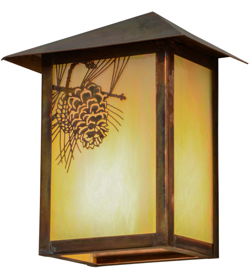 Meyda Lighting Seneca 7" Vintage Copper Winter Pine Wall Sconce With Beige Iridescent Art Shade Glass