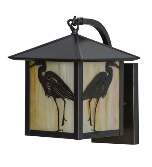 Meyda Lighting Seneca 8" Craftsman Brown Curved Arm Hanging Wall Sconce With Beige Iridescent Shade Glass
