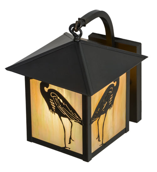 Meyda Lighting Seneca 8" Craftsman Brown Curved Arm Hanging Wall Sconce With Beige Iridescent Shade Glass