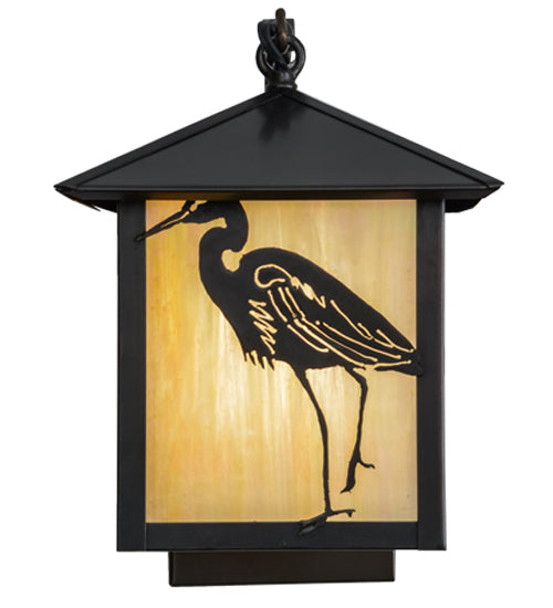 Meyda Lighting Seneca 8" Craftsman Brown Curved Arm Hanging Wall Sconce With Beige Iridescent Shade Glass