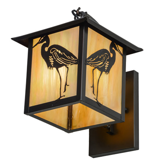 Meyda Lighting Seneca 8" Craftsman Brown Curved Arm Hanging Wall Sconce With Beige Iridescent Shade Glass