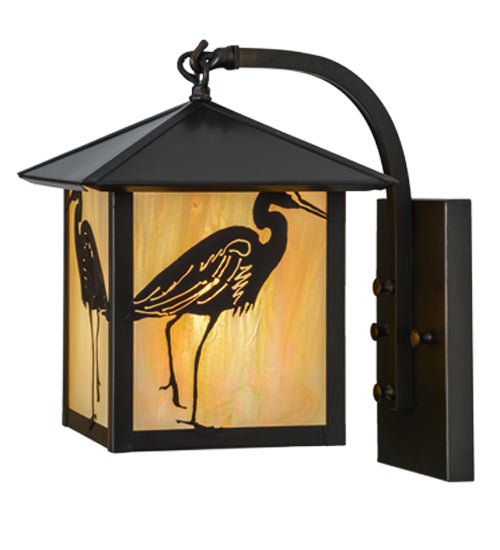 Meyda Lighting Seneca 8" Craftsman Brown Curved Arm Hanging Wall Sconce With Beige Iridescent Shade Glass
