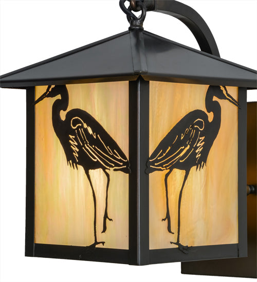 Meyda Lighting Seneca 8" Craftsman Brown Curved Arm Hanging Wall Sconce With Beige Iridescent Shade Glass