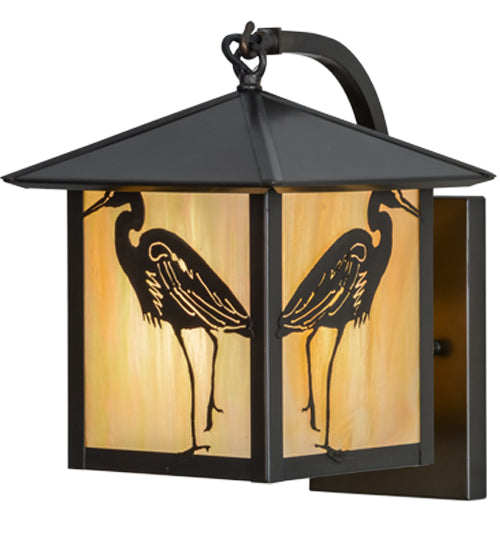 Meyda Lighting Seneca 8" Craftsman Brown Curved Arm Hanging Wall Sconce With Beige Iridescent Shade Glass