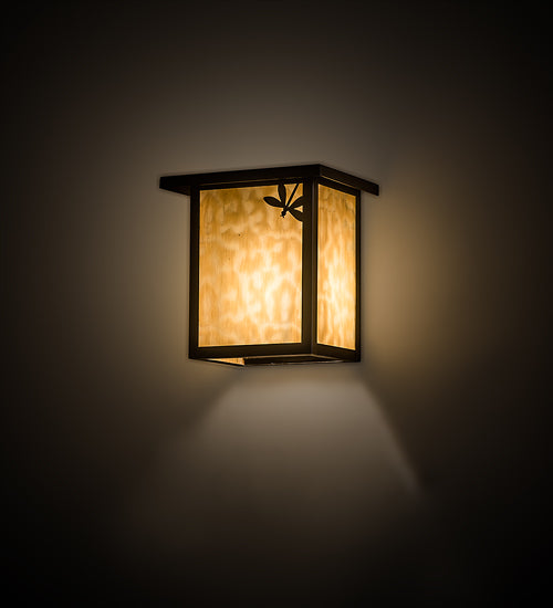 Meyda Lighting Seneca 8" Craftsman Brown Dragonfly Left Wall Sconce With Beige Art Shade Glass