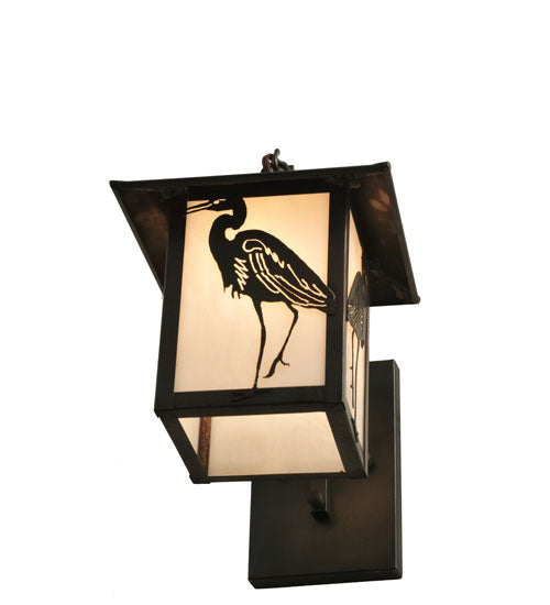 Meyda Lighting Seneca 8" Craftsman Brown Heron Curved Arm Wall Sconce With White Art Shade Glass