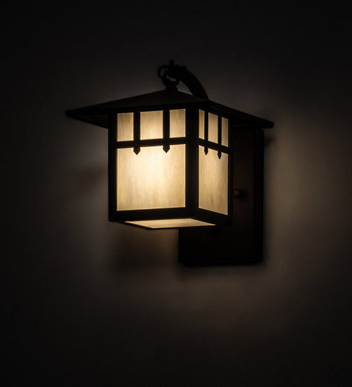 Meyda Lighting Seneca 8" Oil Rubbed Bronze Double Cross Mission Wall Sconce With Beige Art Shade Glass