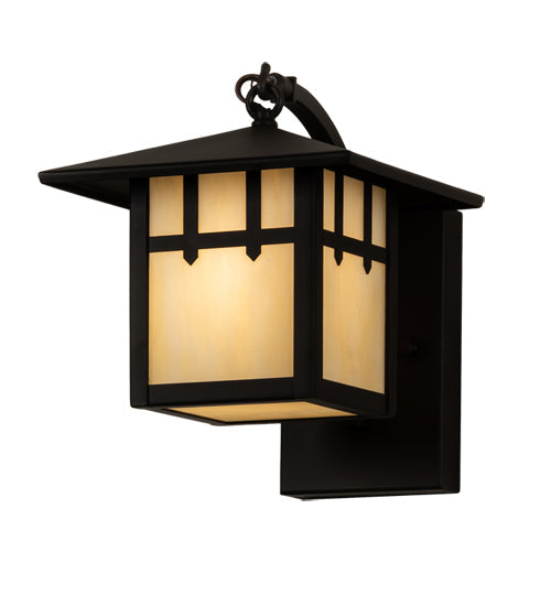 Meyda Lighting Seneca 8" Oil Rubbed Bronze Double Cross Mission Wall Sconce With Beige Art Shade Glass