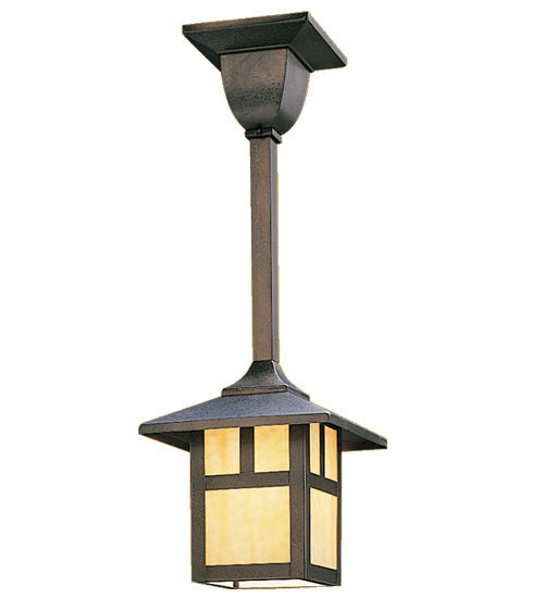 Meyda Lighting Seneca 8"Sq Craftsman Brown T Mission Mini Pendant Light With Beige Shade Glass