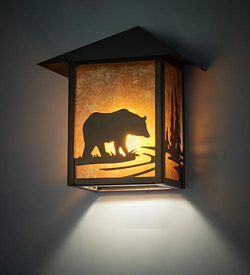 Meyda Lighting Seneca 9" Antique Copper Bear Creek Wall Sconce With Amber Mica Shade Glass