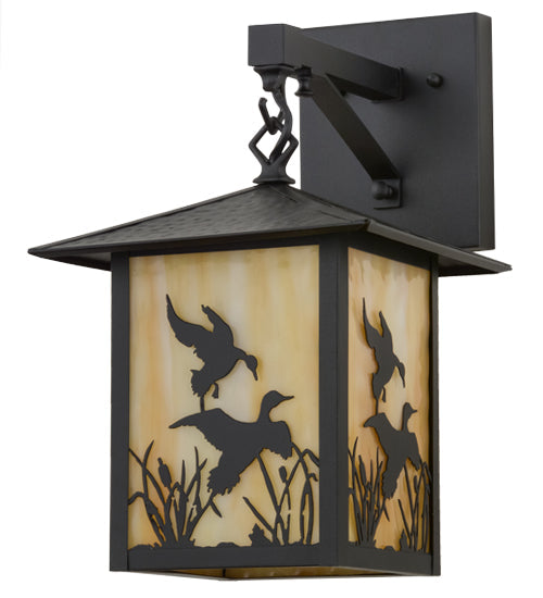 Meyda Lighting Seneca 9" Black Ducks in Flight Hanging Wall Sconce With Beige Art Shade Glass