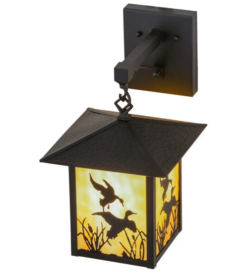 Meyda Lighting Seneca 9" Black Ducks in Flight Hanging Wall Sconce With Beige Art Shade Glass