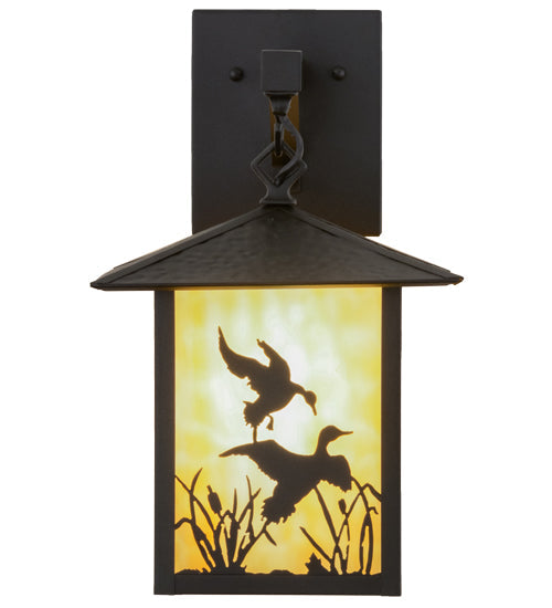 Meyda Lighting Seneca 9" Black Ducks in Flight Hanging Wall Sconce With Beige Art Shade Glass