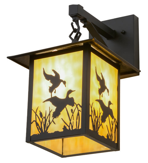 Meyda Lighting Seneca 9" Black Ducks in Flight Hanging Wall Sconce With Beige Art Shade Glass